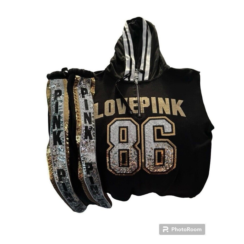 Rare Victoria Secret Pink Hoodie Joggers‎ XS SET Campus 86 Sequin Bling 1/4 Zip